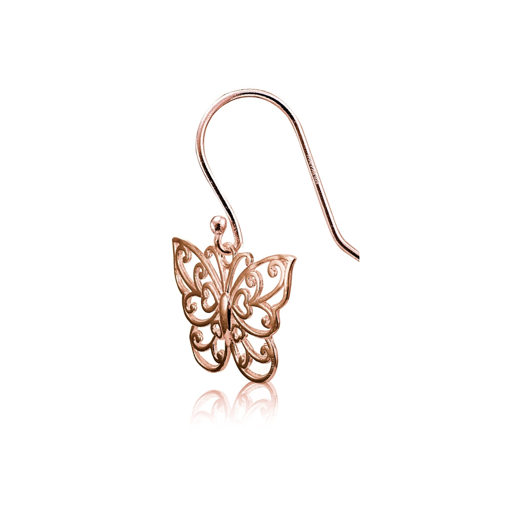 Rose Gold Flashed Sterling Silver High Polished Filigree Butterfly Dangle Earrings-3