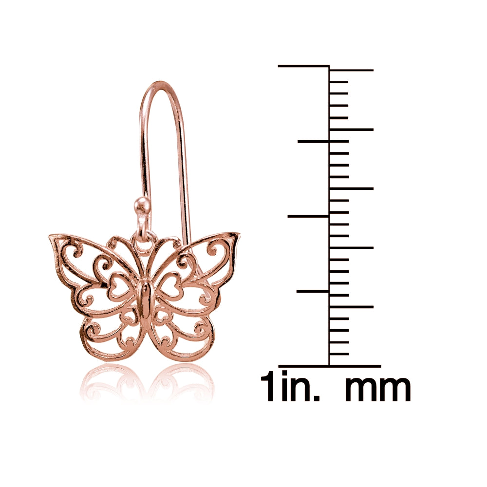Rose Gold Flashed Sterling Silver High Polished Filigree Butterfly Dangle Earrings-4