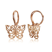 Rose Gold Flashed Sterling Silver High Polished Filigree Butterfly Leverback Earrings
