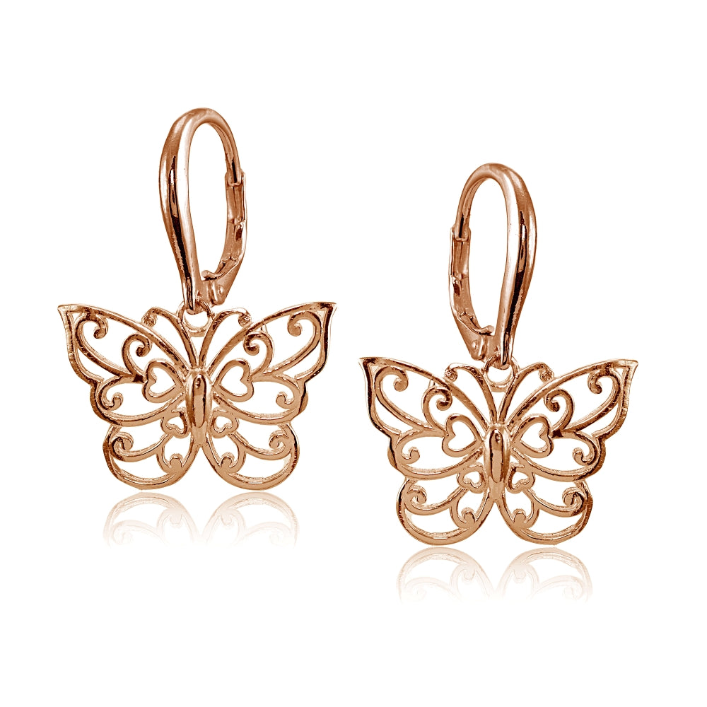 Rose Gold Flashed Sterling Silver High Polished Filigree Butterfly Leverback Earrings-2
