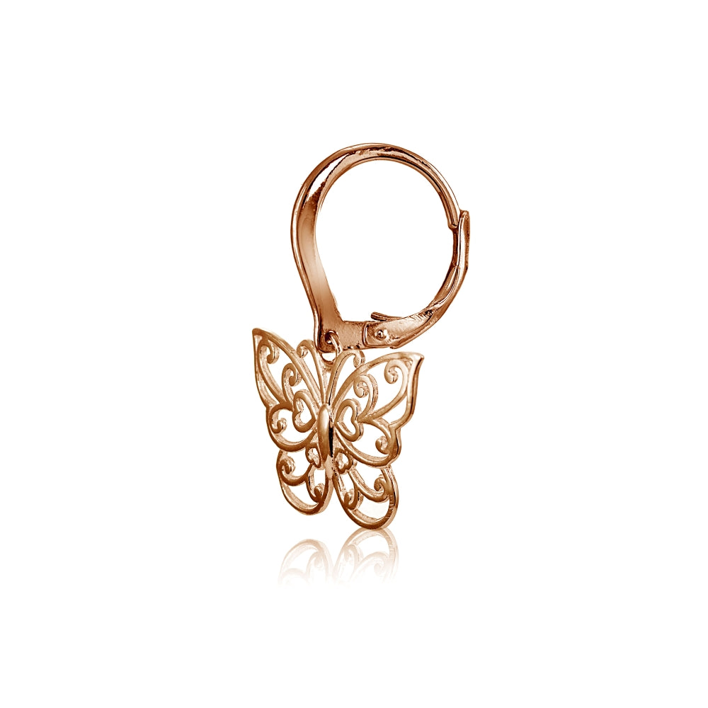 Rose Gold Flashed Sterling Silver High Polished Filigree Butterfly Leverback Earrings-3