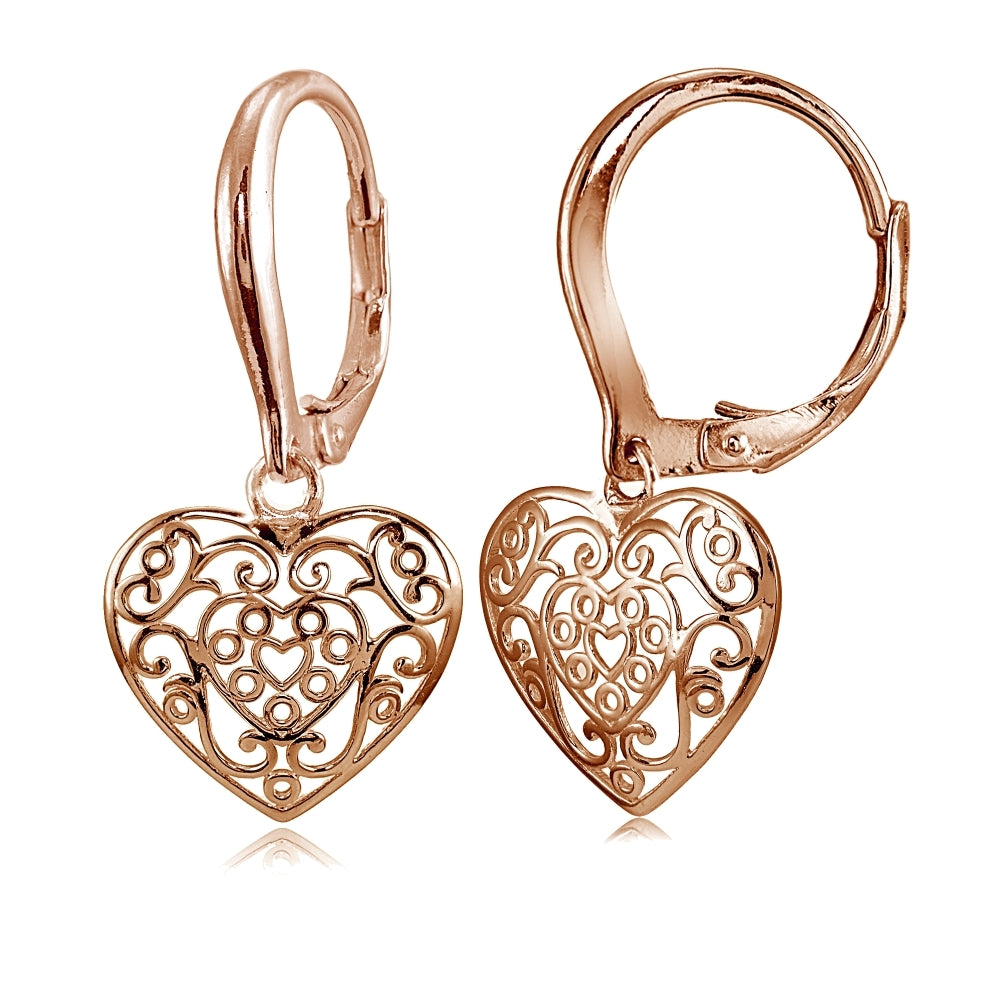 Rose Gold Flashed Sterling Silver High Polished Filigree Heart Danlge Leverback Earrings