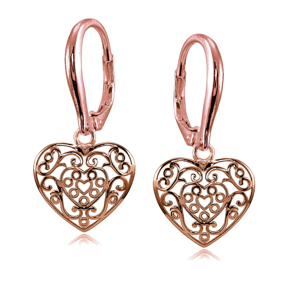 Rose Gold Flashed Sterling Silver High Polished Filigree Heart Danlge Leverback Earrings-2