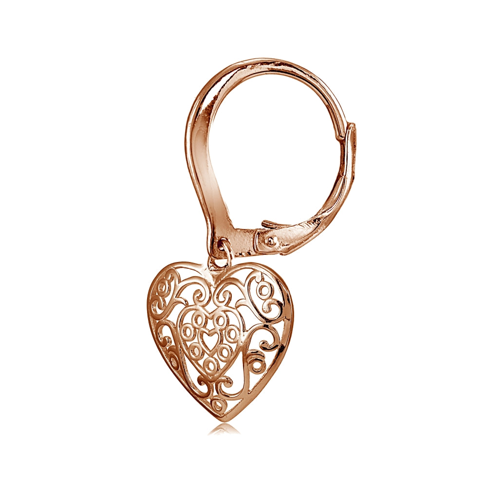 Rose Gold Flashed Sterling Silver High Polished Filigree Heart Danlge Leverback Earrings-3