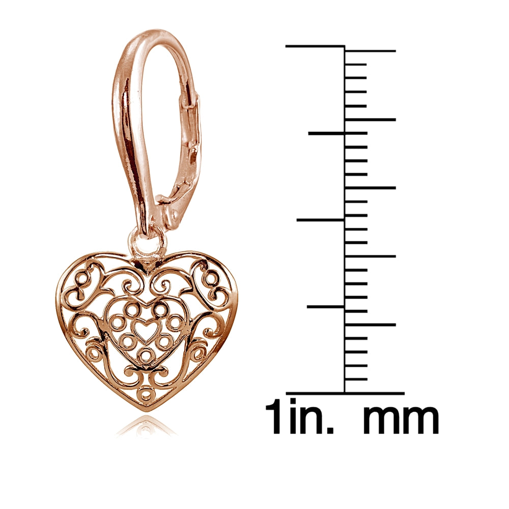 Rose Gold Flashed Sterling Silver High Polished Filigree Heart Danlge Leverback Earrings-4