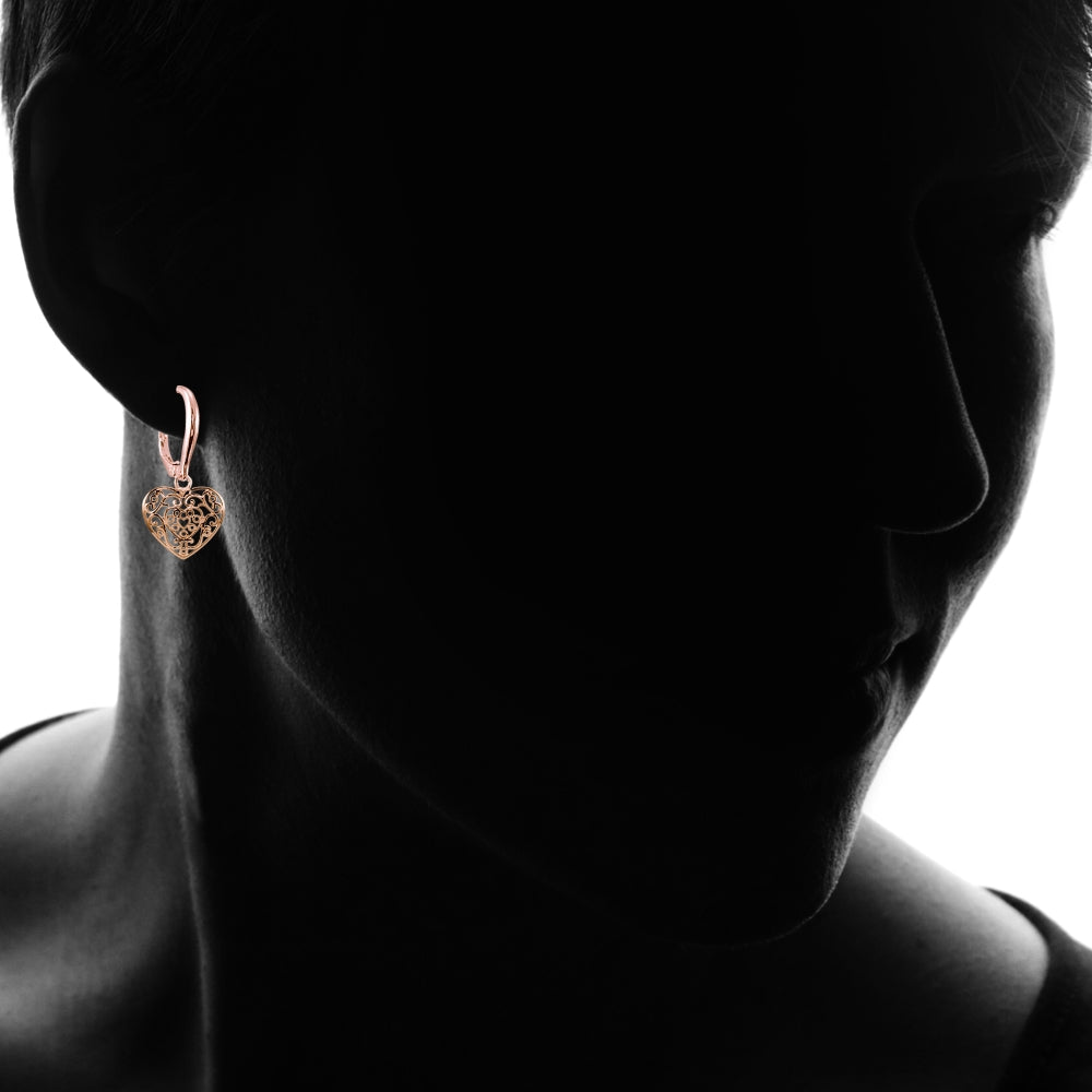 Rose Gold Flashed Sterling Silver High Polished Filigree Heart Danlge Leverback Earrings-5