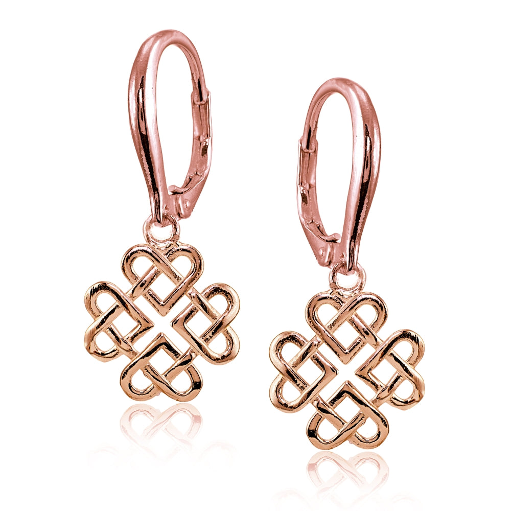 Rose Gold Flashed Sterling Silver High Polished Celtic Love Knot Dangle Leverback Earrings-2