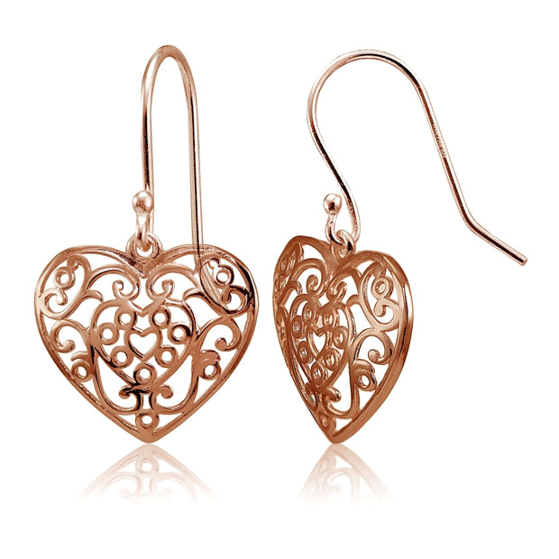Rose Gold Flashed Sterling Silver High Polished Heart Filigree Dangle Earrings