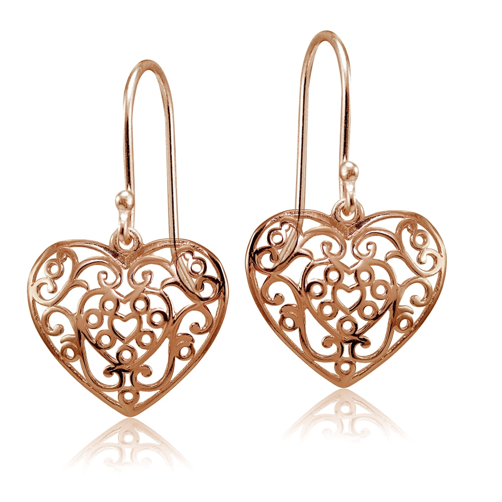 Rose Gold Flashed Sterling Silver High Polished Heart Filigree Dangle Earrings-2