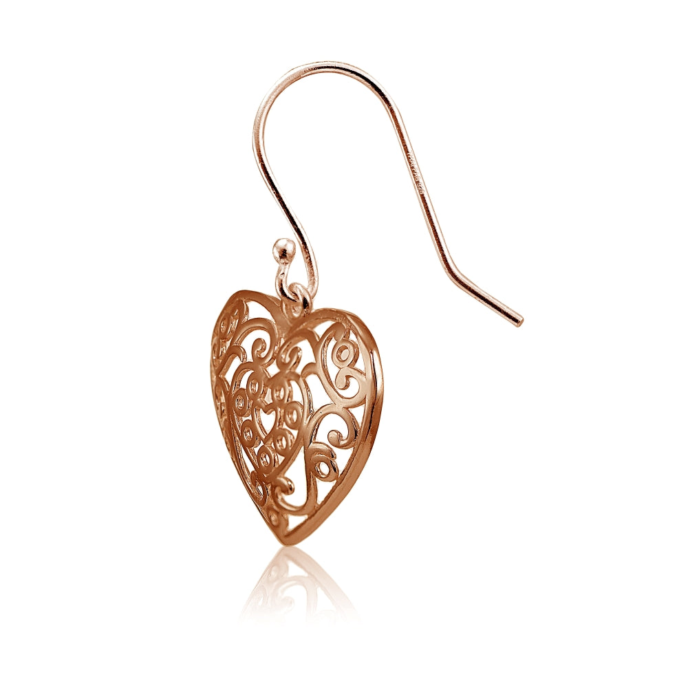 Rose Gold Flashed Sterling Silver High Polished Heart Filigree Dangle Earrings-3
