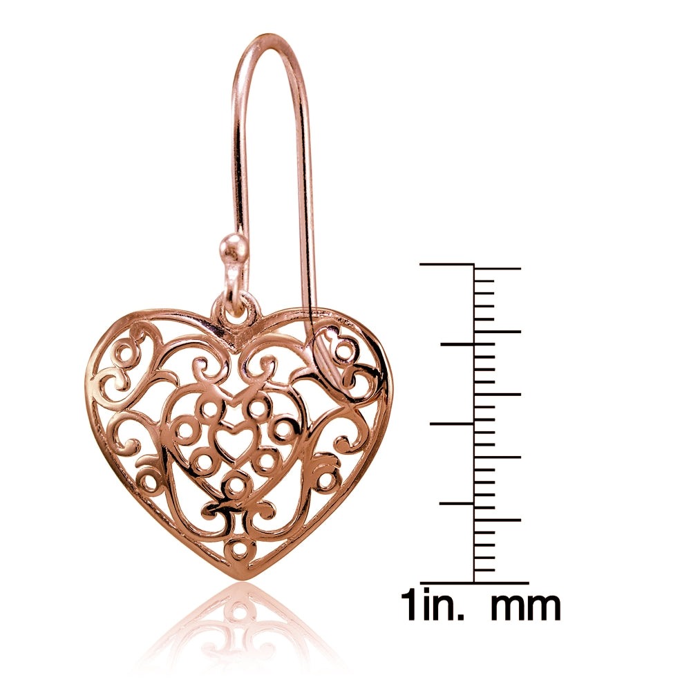 Rose Gold Flashed Sterling Silver High Polished Heart Filigree Dangle Earrings-4