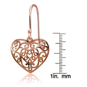 Rose Gold Flashed Sterling Silver High Polished Heart Filigree Dangle Earrings