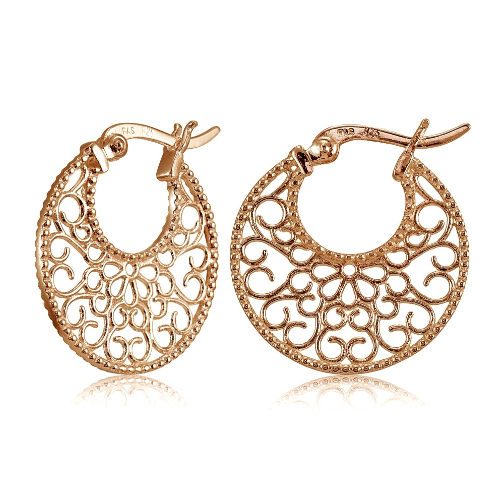 Rose Gold Flashed Sterling Silver High Polished Medallion Filigree Round Flat Earrings