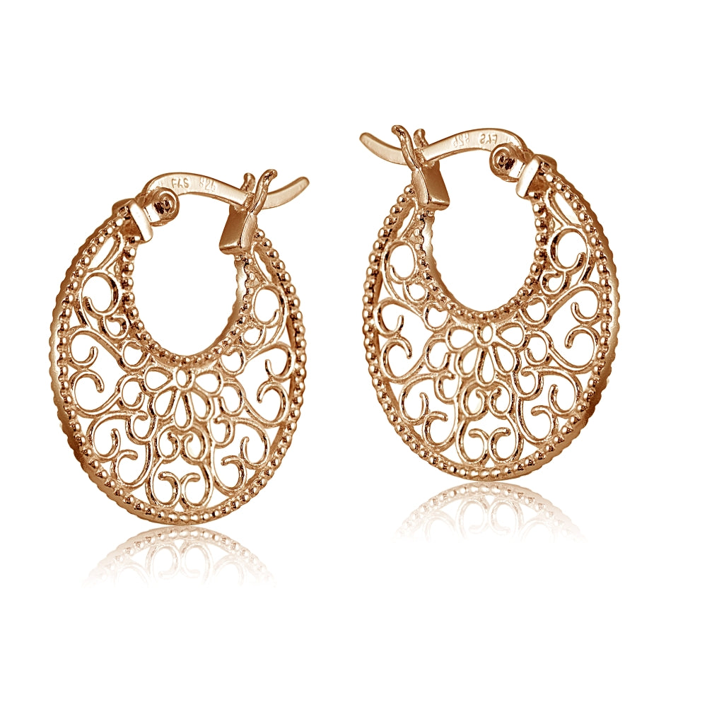 Rose Gold Flashed Sterling Silver High Polished Medallion Filigree Round Flat Earrings-2