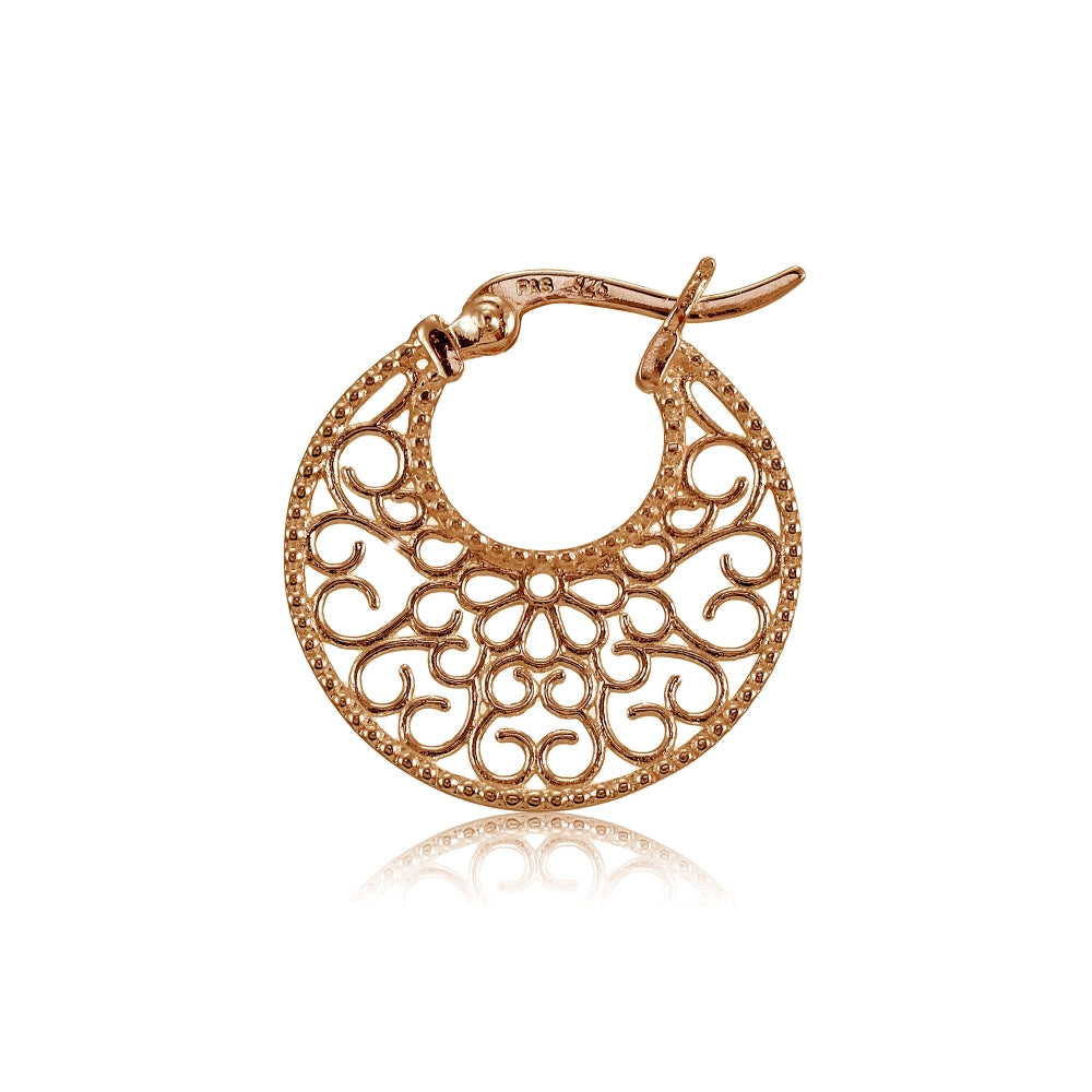 Rose Gold Flashed Sterling Silver High Polished Medallion Filigree Round Flat Earrings-3
