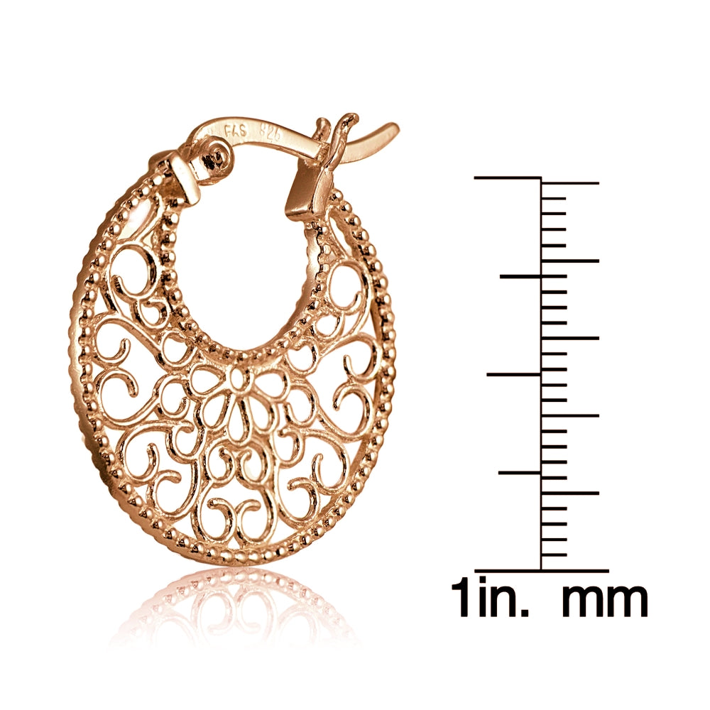 Rose Gold Flashed Sterling Silver High Polished Medallion Filigree Round Flat Earrings-4