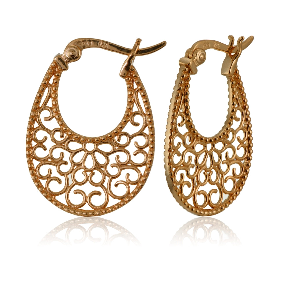 Rose Gold Flashed Sterling Silver High Polished Floral Filigree Oval Flat Earrings