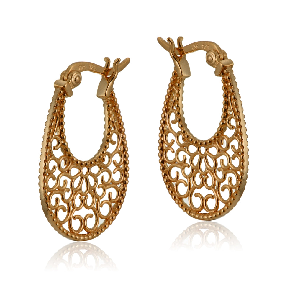 Rose Gold Flashed Sterling Silver High Polished Floral Filigree Oval Flat Earrings-2