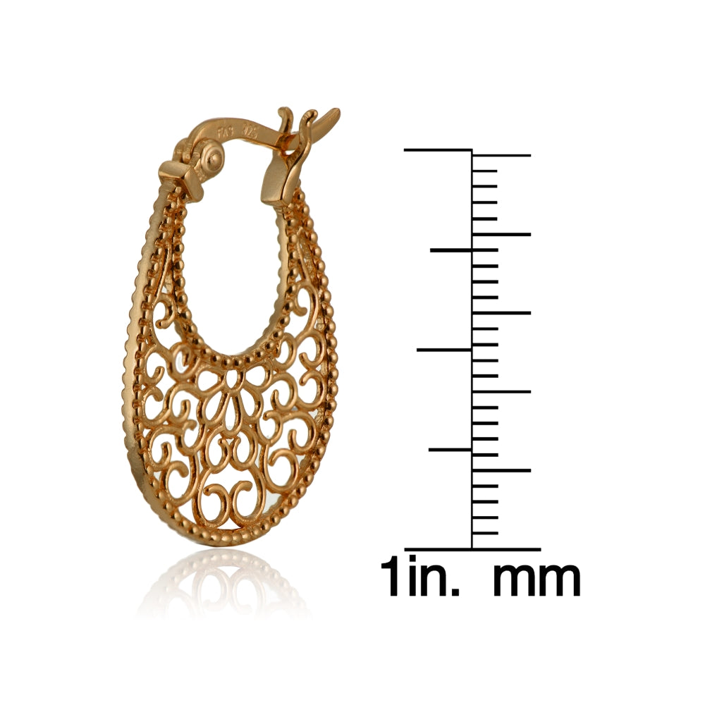 Rose Gold Flashed Sterling Silver High Polished Floral Filigree Oval Flat Earrings-4