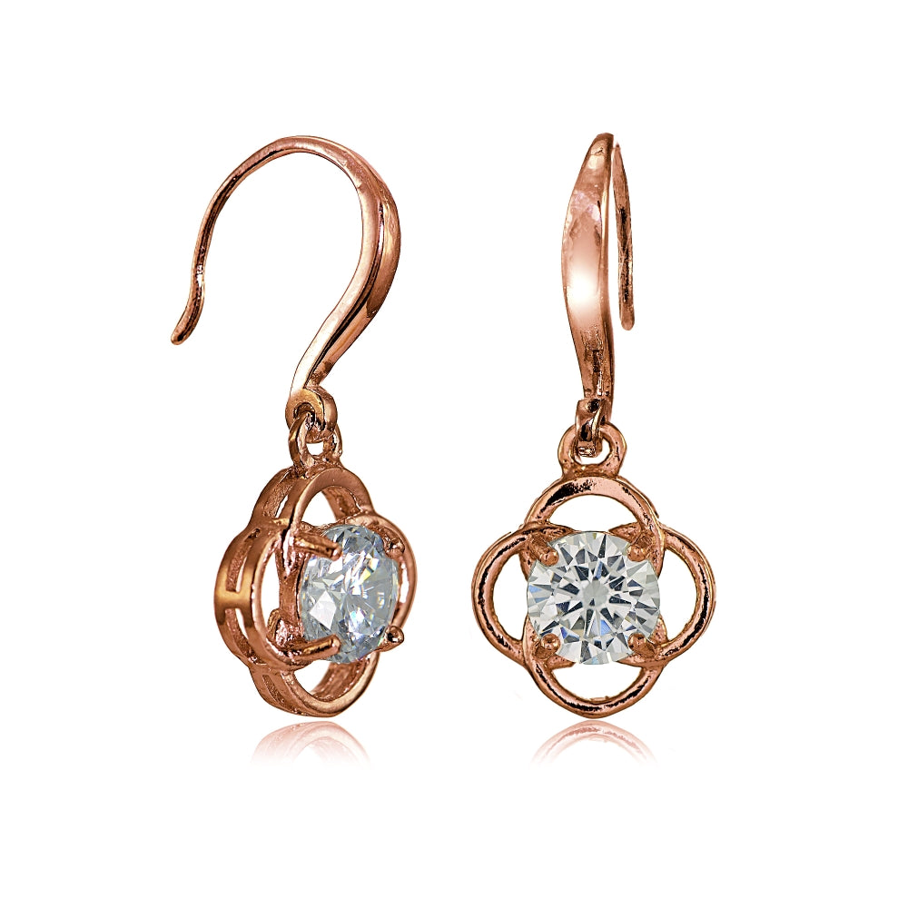 Rose Gold Flashed Sterling Silver Cubic Zirconia Flower Knot Dangle Earrings-2
