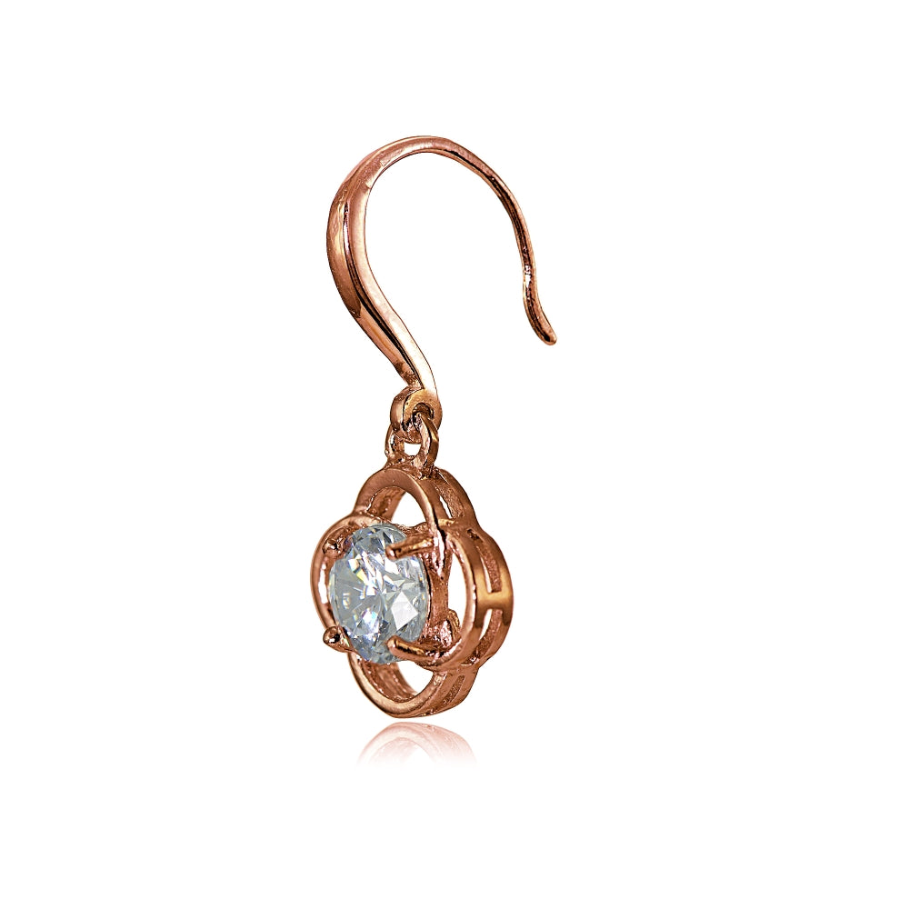 Rose Gold Flashed Sterling Silver Cubic Zirconia Flower Knot Dangle Earrings-3