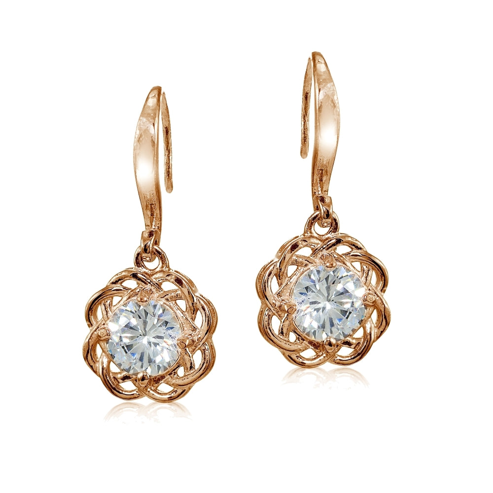 Rose Gold Flashed Sterling Silver High Polished Cubic Zirconia Celtic Love Knot Dangle Earrings