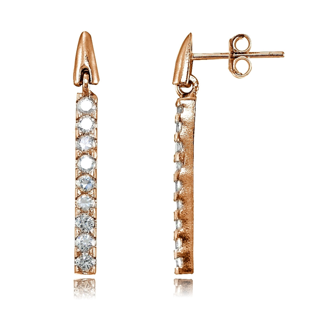 Rose Gold Flashed Sterling Silver Cubic Zirconia Bar Dangle Drop Earrings