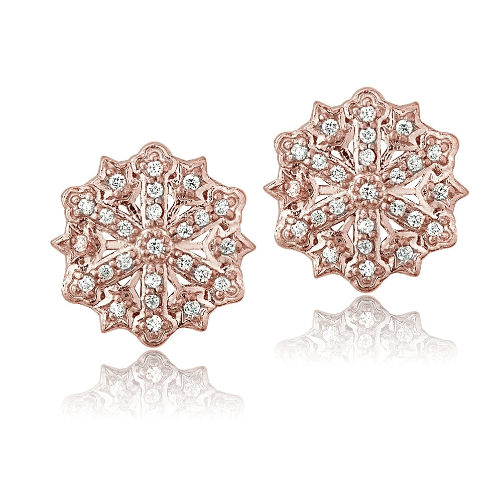 Rose Gold Flashed Sterling Silver Cubic Zirconia Snowflake Stud Earrings