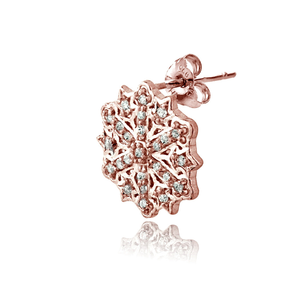 Rose Gold Flashed Sterling Silver Cubic Zirconia Snowflake Stud Earrings-2