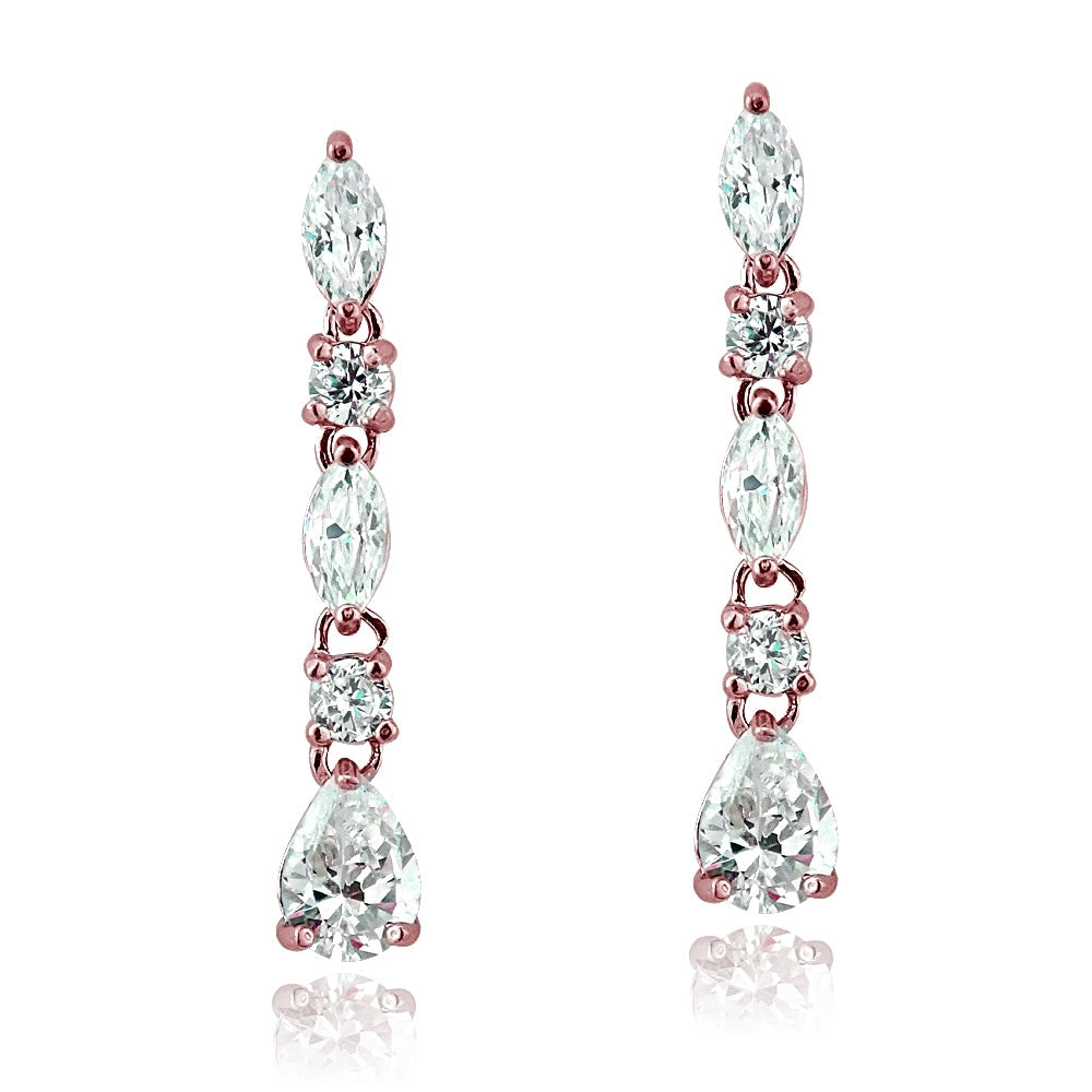 Rose Gold Flashed Sterling Silver Cubic Zirconia Marquise Cut Dangling Earrings