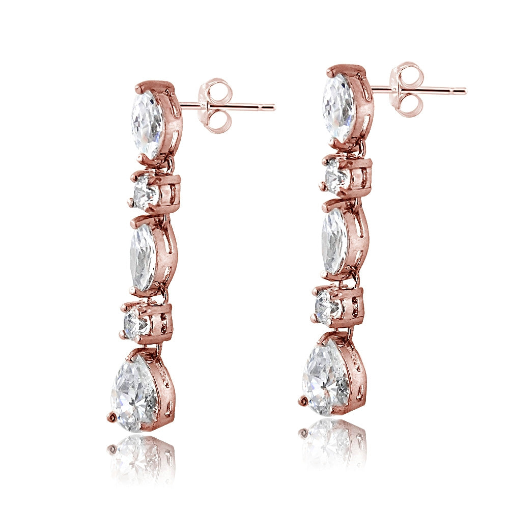 Rose Gold Flashed Sterling Silver Cubic Zirconia Marquise Cut Dangling Earrings-2