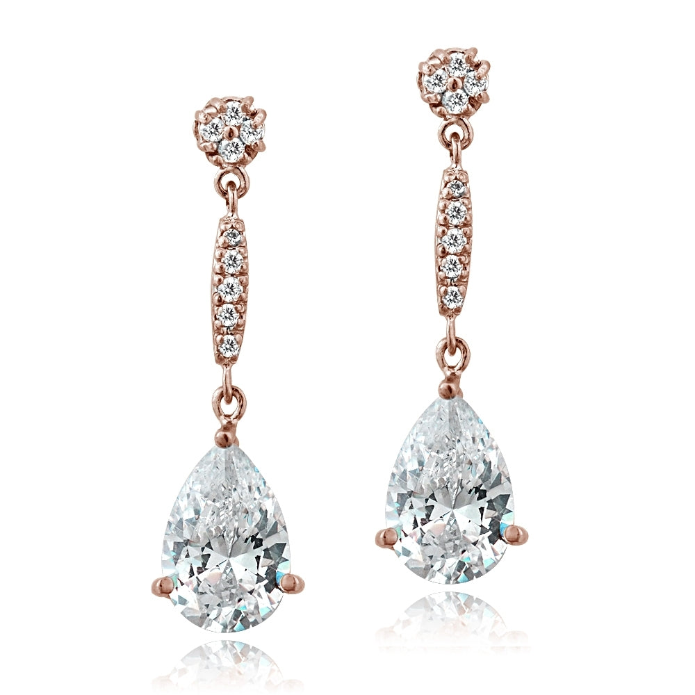 Rose Gold Flashed Sterling Silver Cubic Zirconia Pear Cut 15mm Dangle Earrings