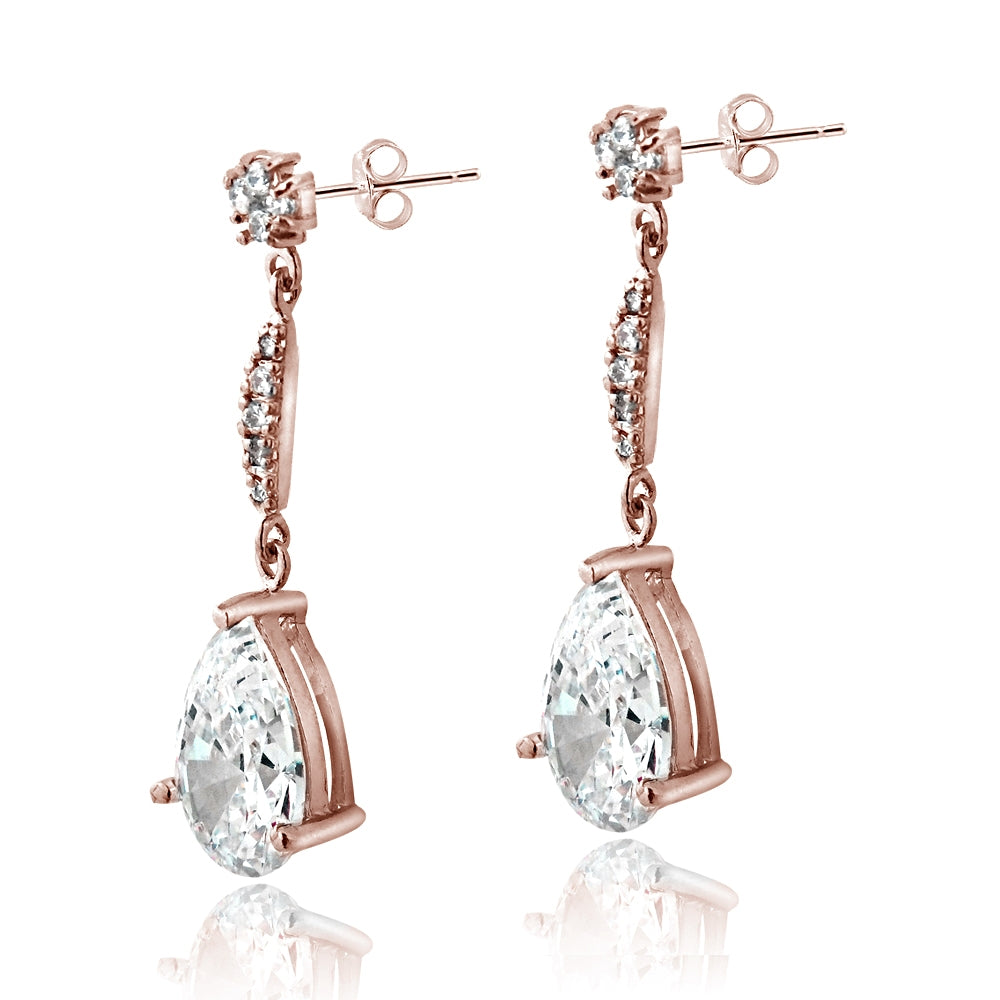 Rose Gold Flashed Sterling Silver Cubic Zirconia Pear Cut 15mm Dangle Earrings-2