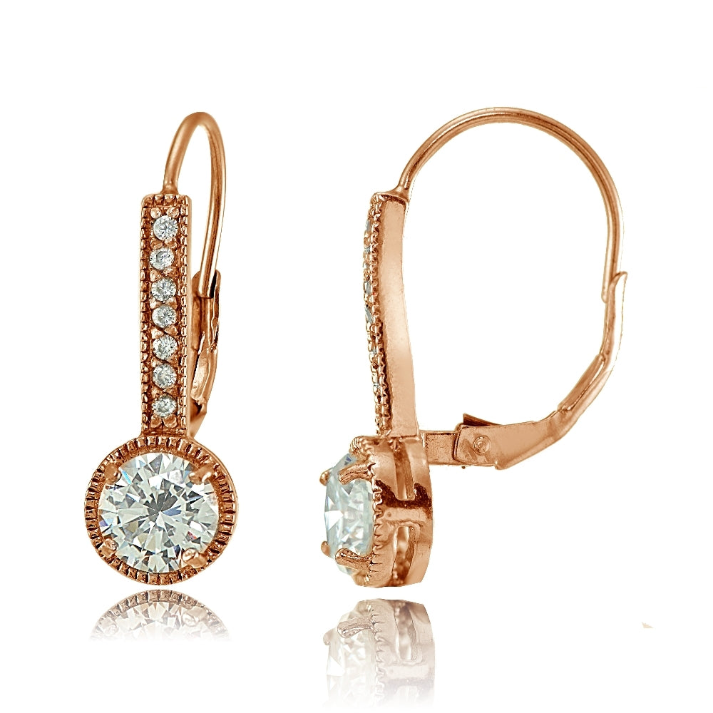 Rose Gold Flashed Sterling Silver Round Cubic Zirconia Leverback Earrings