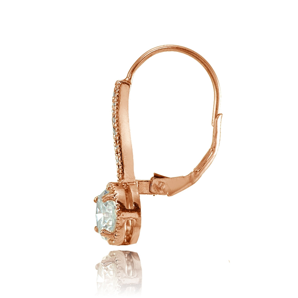 Rose Gold Flashed Sterling Silver Round Cubic Zirconia Leverback Earrings-2
