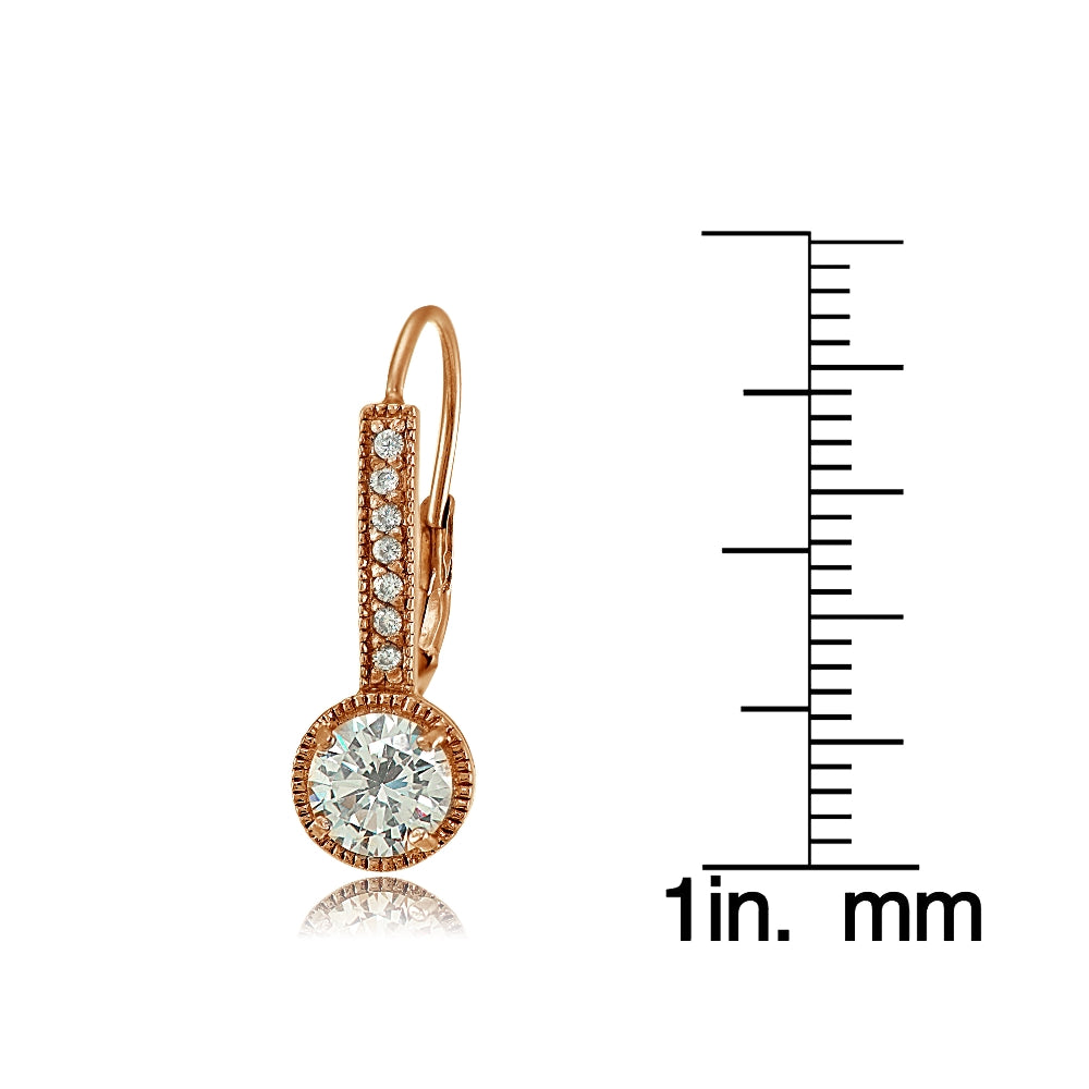 Rose Gold Flashed Sterling Silver Round Cubic Zirconia Leverback Earrings-3