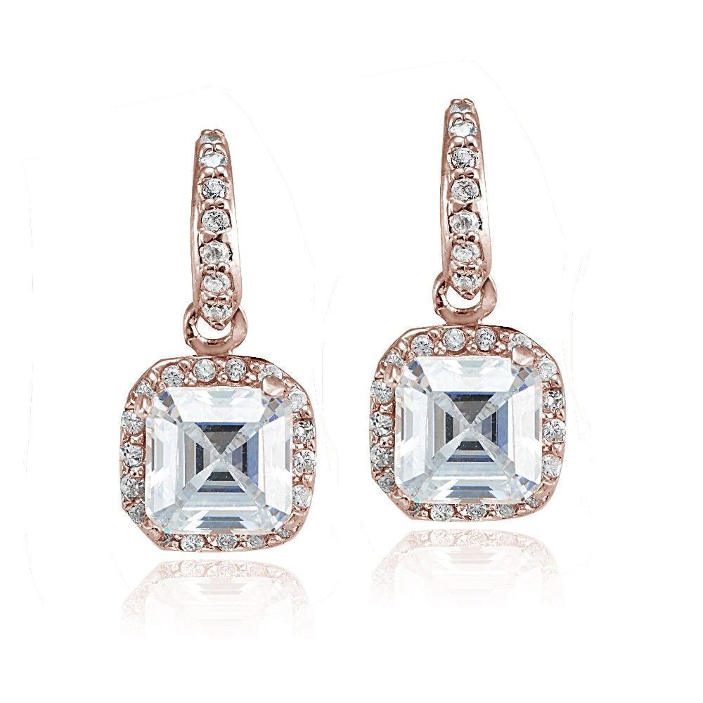 Rose Gold Flashed Sterling Silver Cubic Zirconia Square Dangle Earrings-2