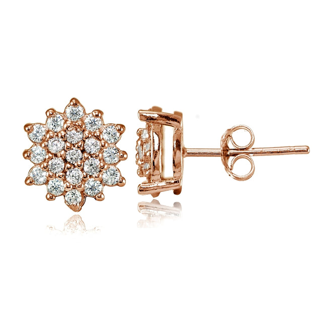 Rose Gold Flashed Sterling Silver Cubic Zirconia Floral Stud Earrings