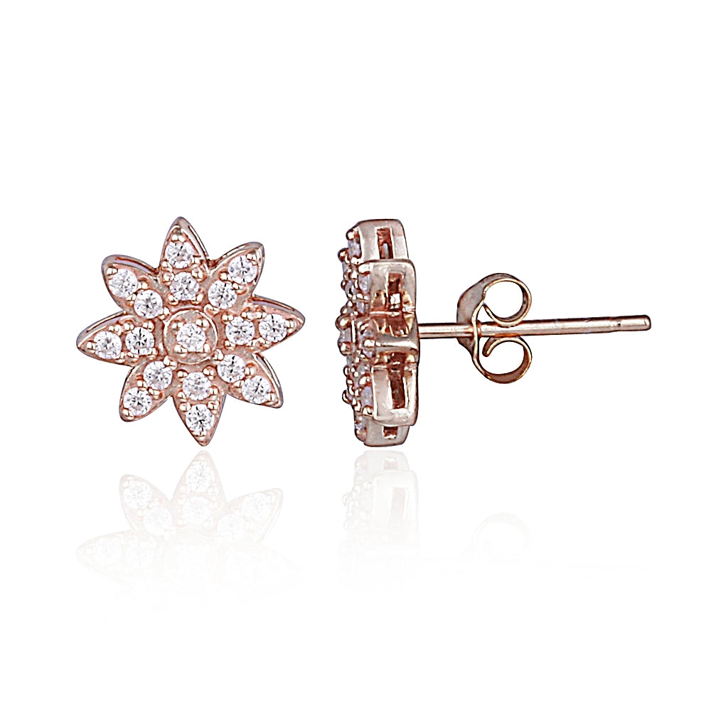 Rose Gold Flashed Sterling Silver Cubic Zirconia Flower Stud Earrings