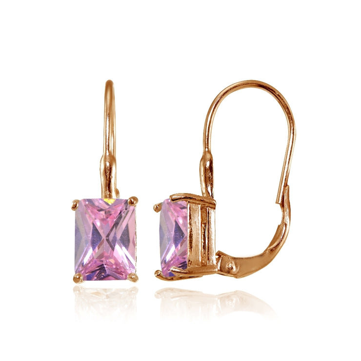 Rose Gold Flashed Sterling Silver Light Pink Cubic Zirconia Emerald-Cut Leverback Earrings