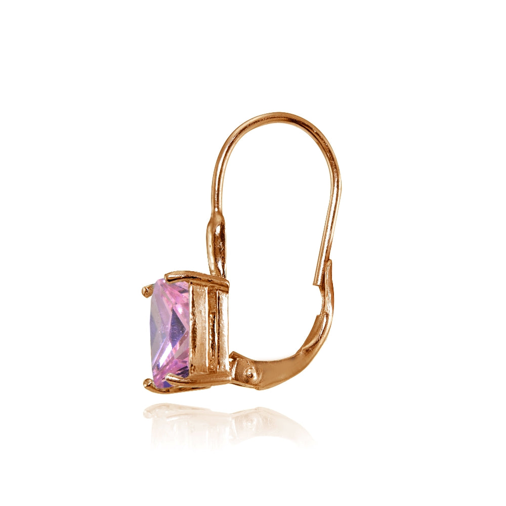 Rose Gold Flashed Sterling Silver Light Pink Cubic Zirconia Emerald-Cut Leverback Earrings-2