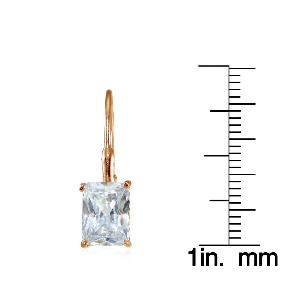 Rose Gold Flashed Sterling Silver Cubic Zirconia Emerald-Cut Leverback Earrings-3