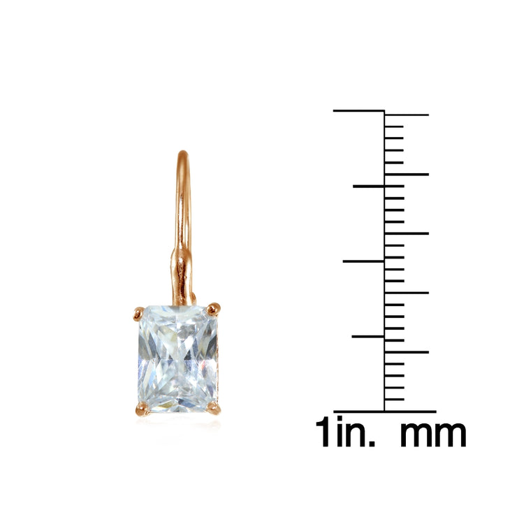 Rose Gold Flashed Sterling Silver Cubic Zirconia Emerald-Cut Leverback Earrings