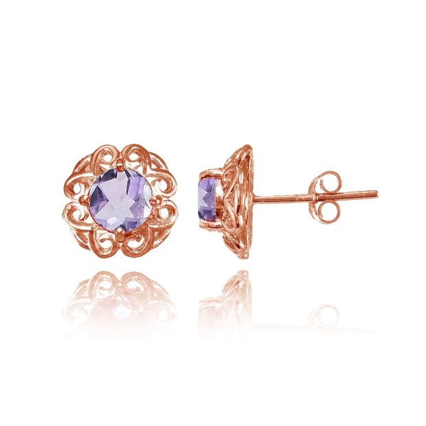 Rose Gold Flashed Sterling Silver Amethyst Round Filigree Stud Earrings