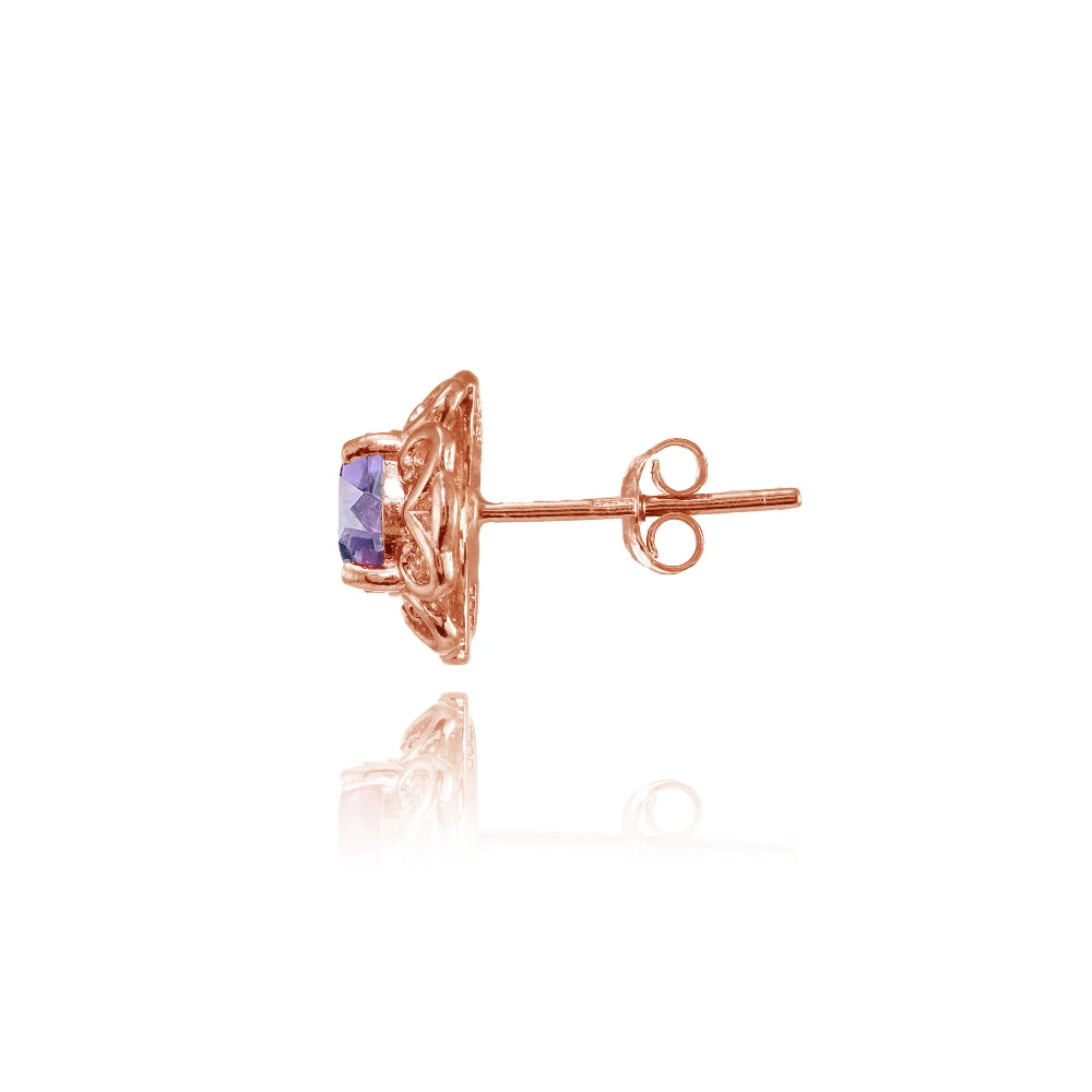 Rose Gold Flashed Sterling Silver Amethyst Round Filigree Stud Earrings-2