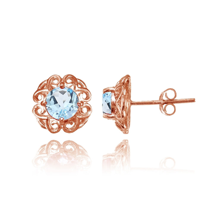 Rose Gold Flashed Sterling Silver Blue Topaz Round Filigree Stud Earrings