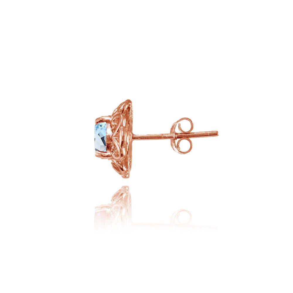 Rose Gold Flashed Sterling Silver Blue Topaz Round Filigree Stud Earrings-2