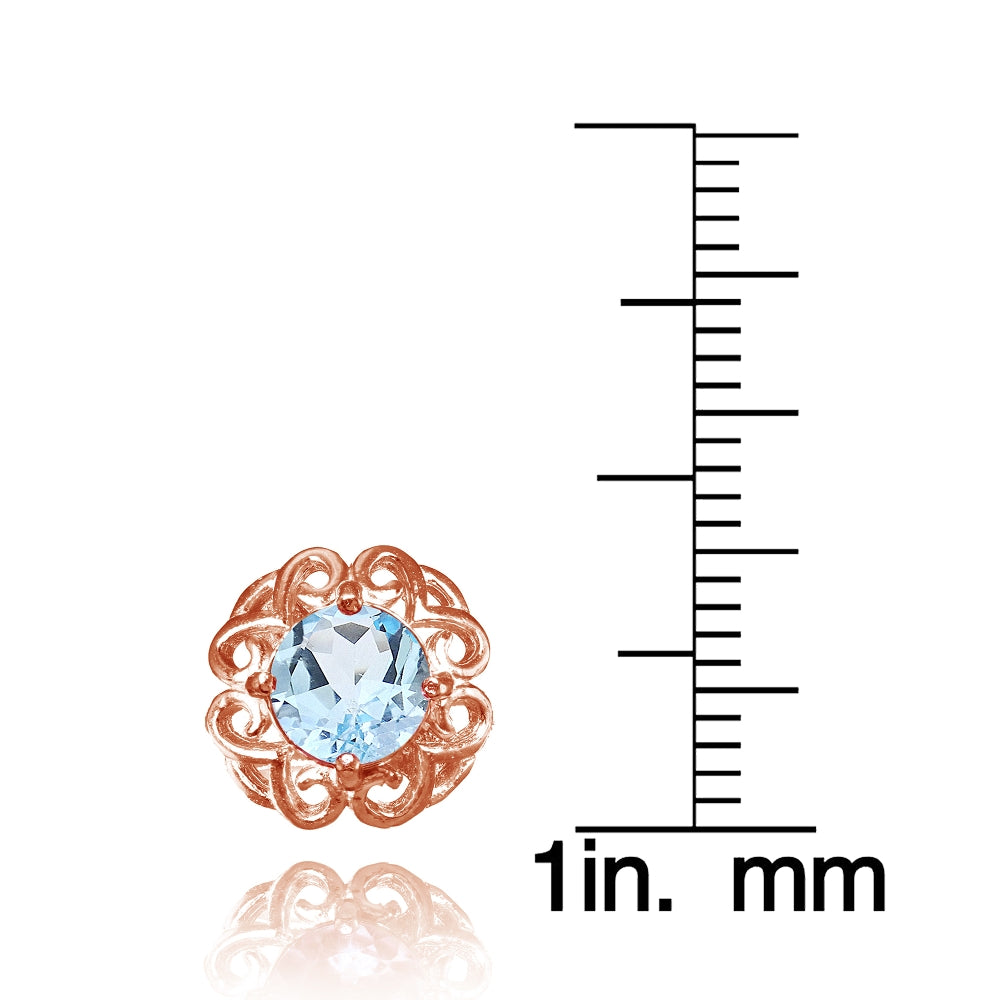 Rose Gold Flashed Sterling Silver Blue Topaz Round Filigree Stud Earrings-3