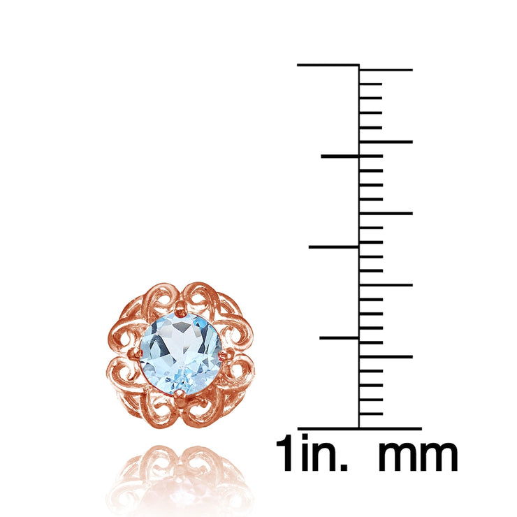 Rose Gold Flashed Sterling Silver Blue Topaz Round Filigree Stud Earrings