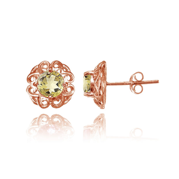 Rose Gold Flashed Sterling Silver Citrine Round Filigree Stud Earrings